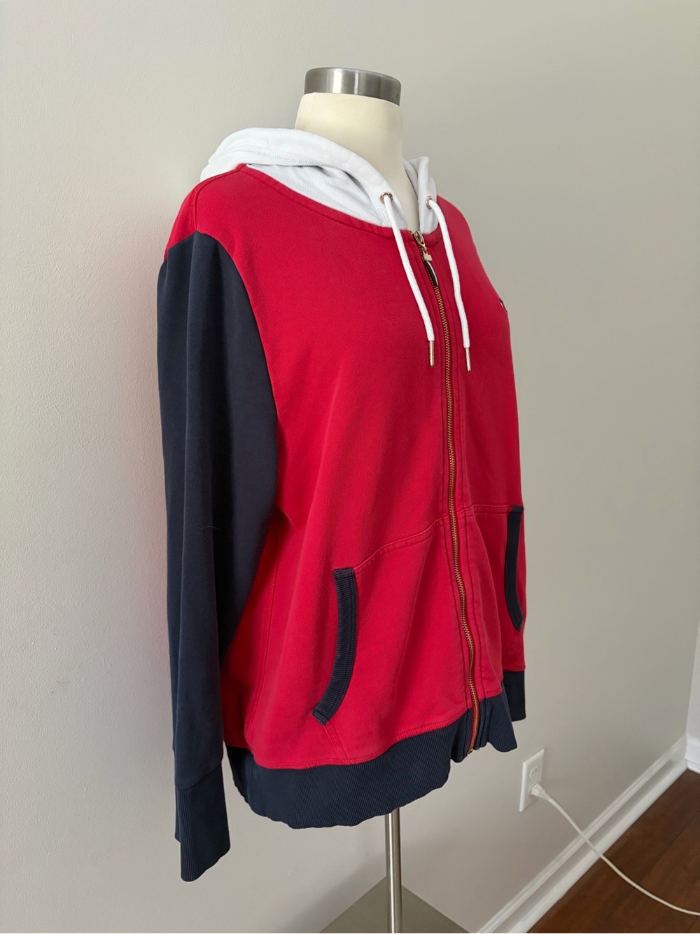 Tommy Hilfiger Retro Colorblock French Terry Red Navy Zip-Up Hoodie XL Preppy - Picture 6 of 11